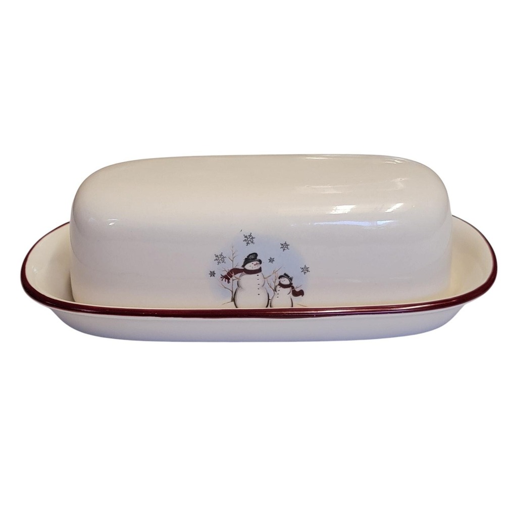 VTG 90s Royal Seasons Butter Dish Holiday Snowmen Christmas 2‎ Pc Stoneware